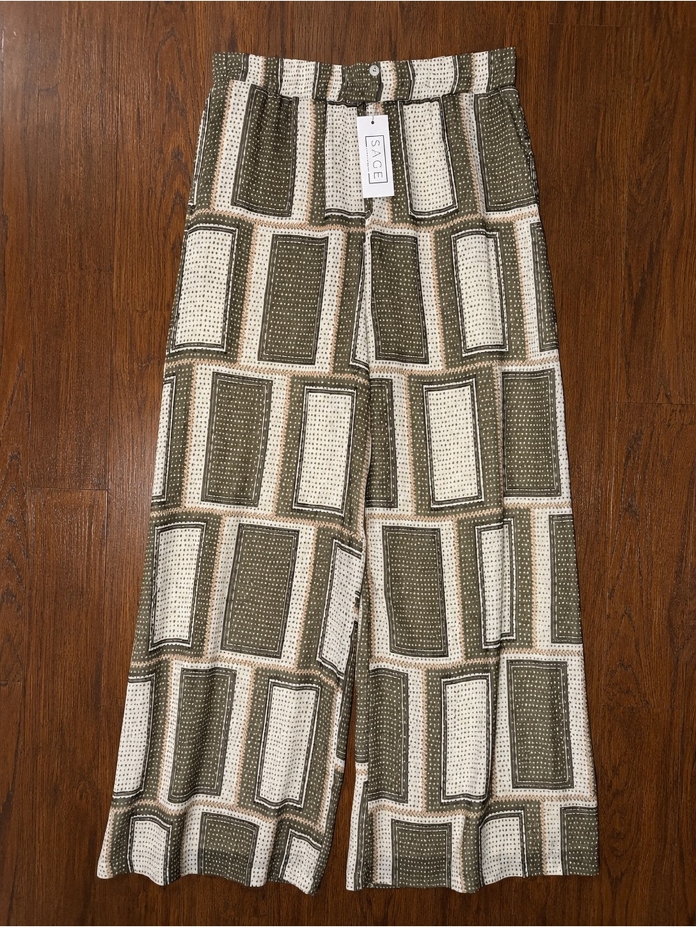 Sage the Label Olive Green & Cream Geometric Wide-Leg Pants Sz L